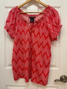 Grace Elements Coral Red Chevron Zig Zag Cotton Blouse Top XL